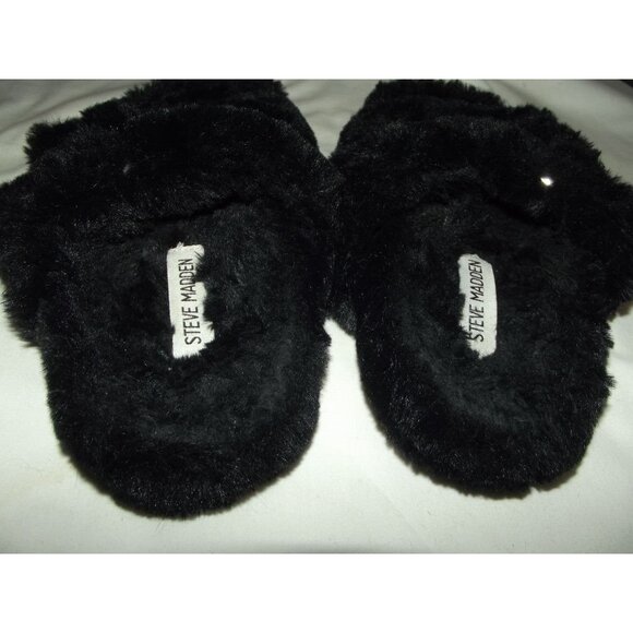 Steve Madden Slippers Womens Size 8 Black Faux Fur Fuzzy Slide House Shoes - Picture 7 of 12